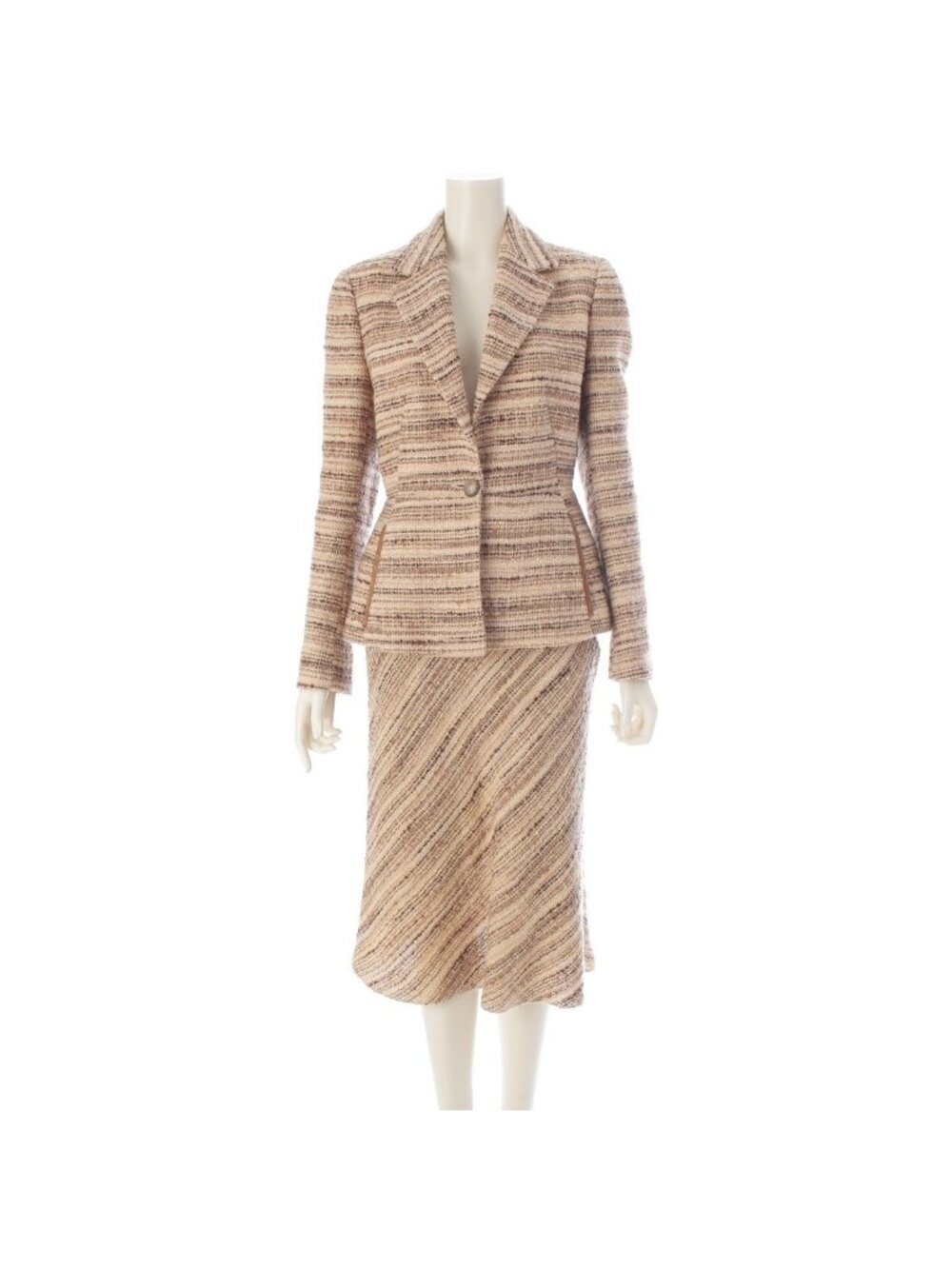 Prada Wool Tweed Vintage Border Suit Skirt Set Beige Natural 42